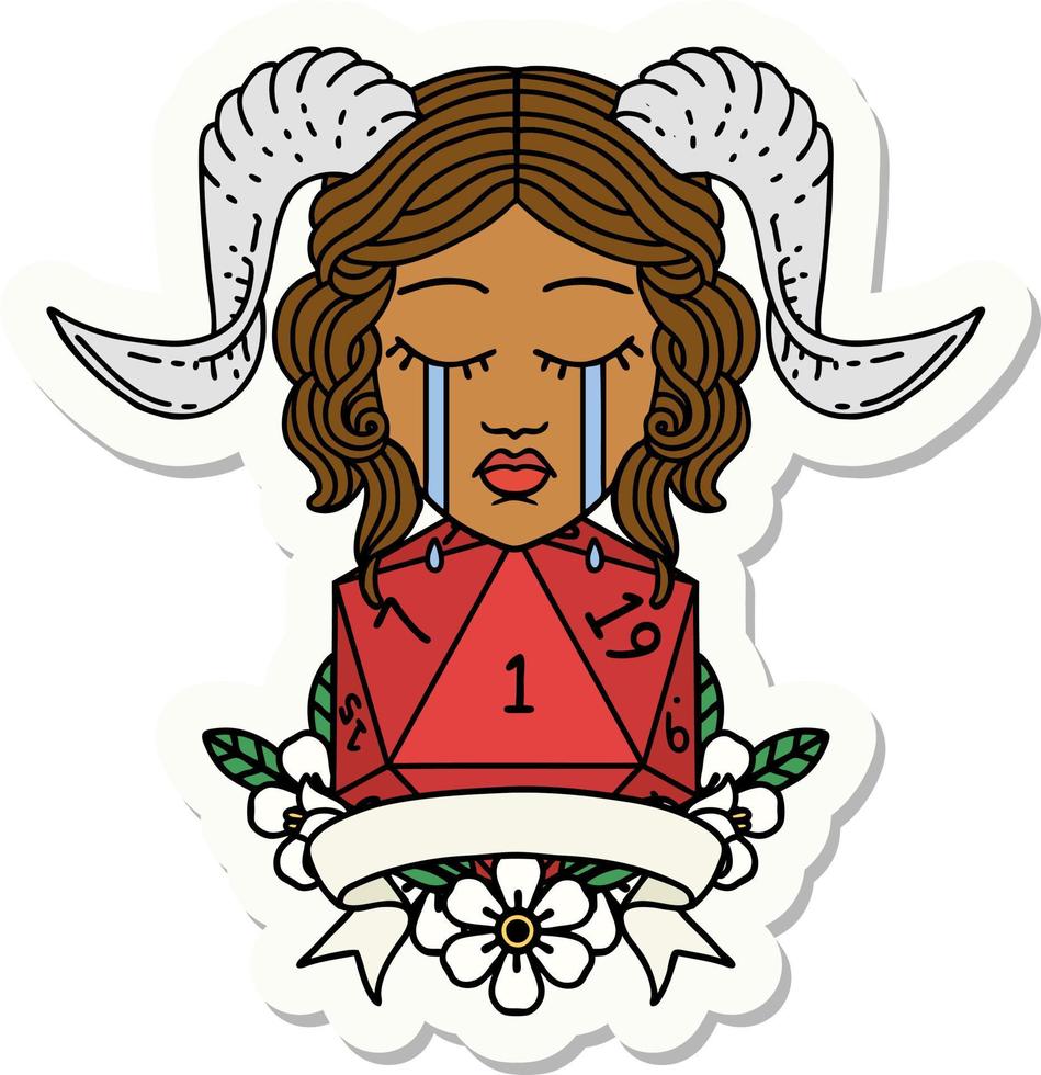 crying tiefling with natural one D20 dice roll sticker vector