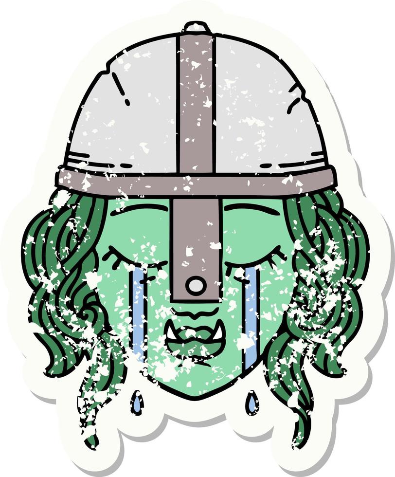 crying orc fighter character face grunge sticker vector