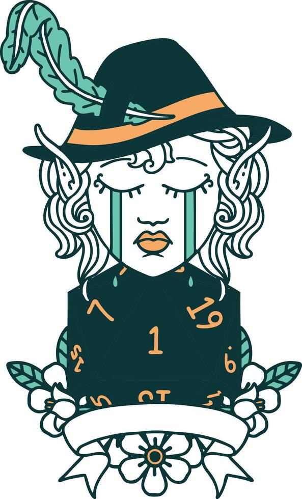 crying elf bard character with natural one D20 roll illustration vector