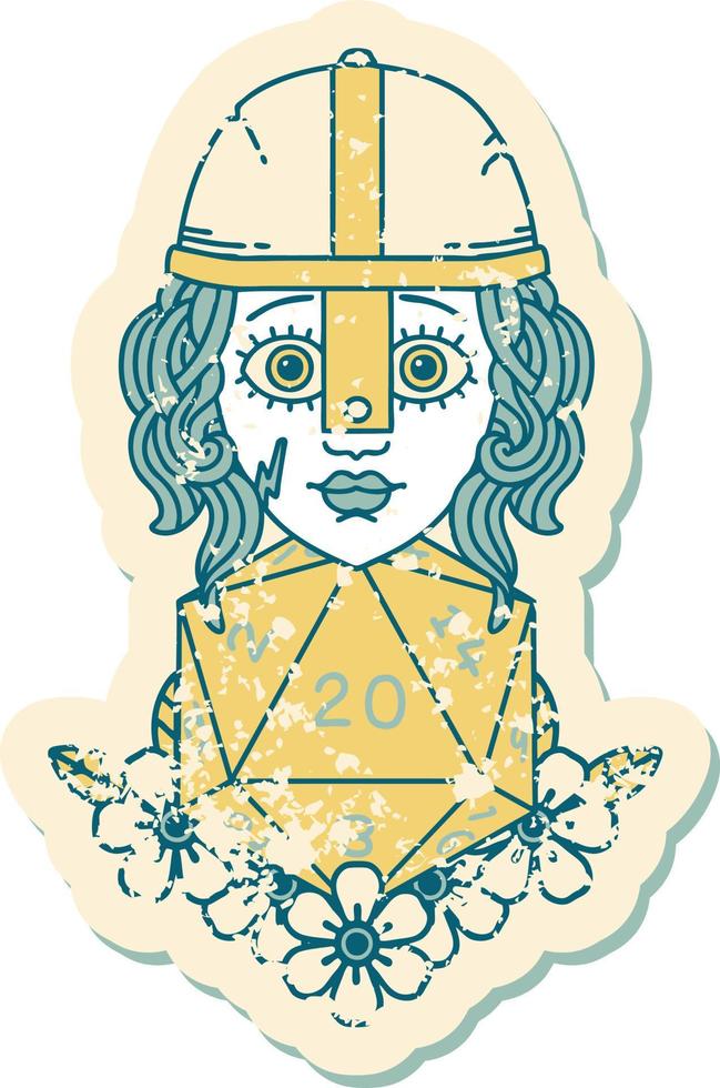 human fighter with natural 20 D20 dice roll grunge sticker vector
