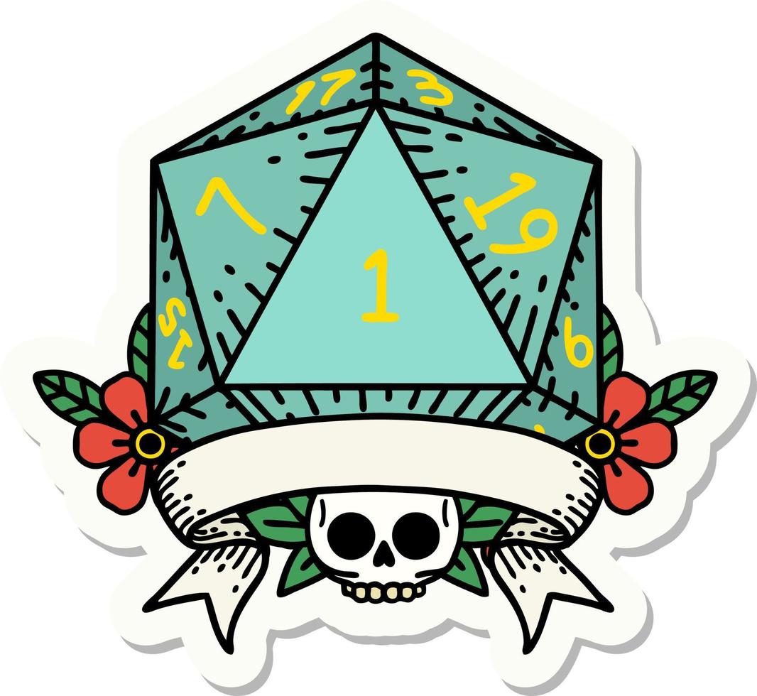 natural one d20 dice roll sticker vector