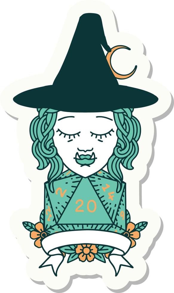 personaje de bruja medio orco con pegatina natural de 20 dados vector