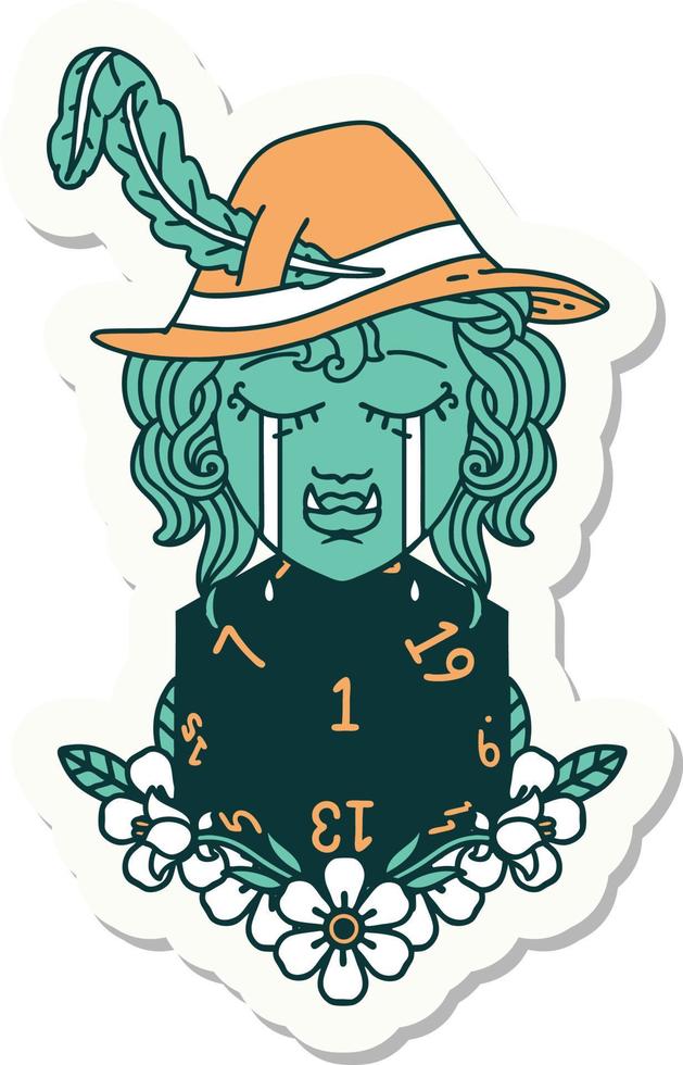 sad half orc bard character with natural one d20 roll sticker vector