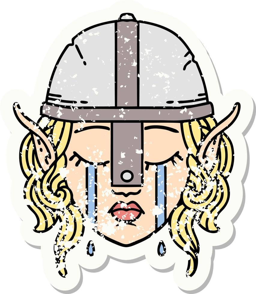 crying elven fighter character face grunge sticker vector
