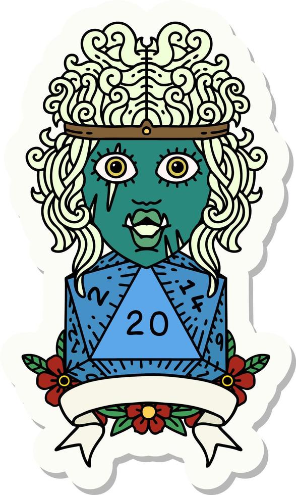half orc barbarian character with natural 20 dice roll sticker vector