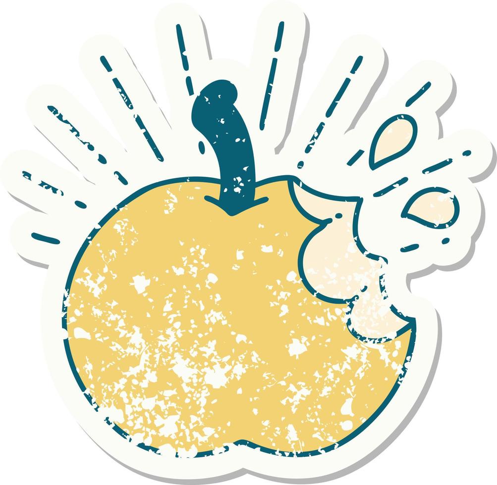 grunge sticker of tattoo style bitten apple vector