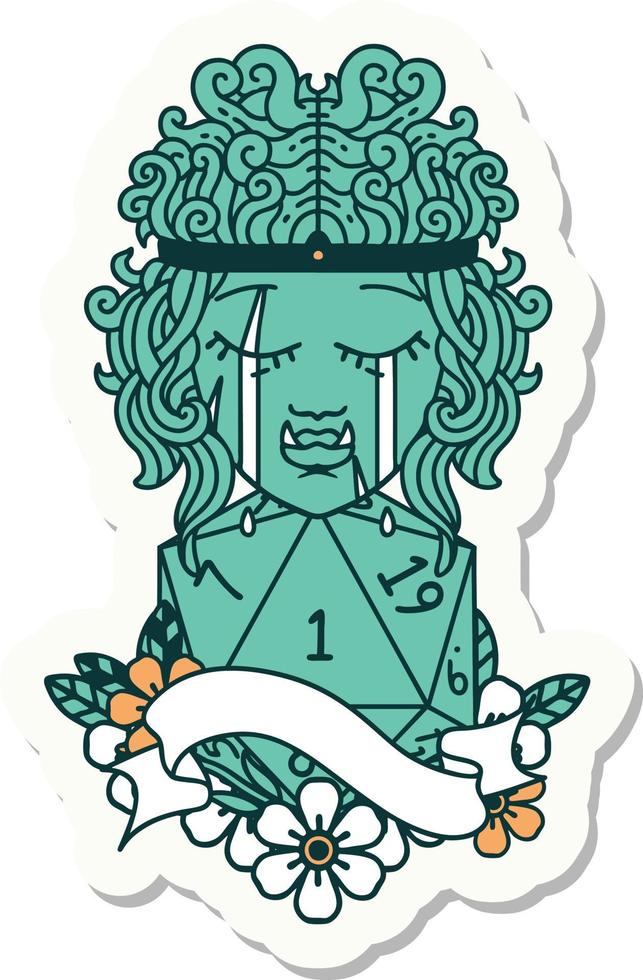 crying orc barbarian character face with natural one roll sticker vector