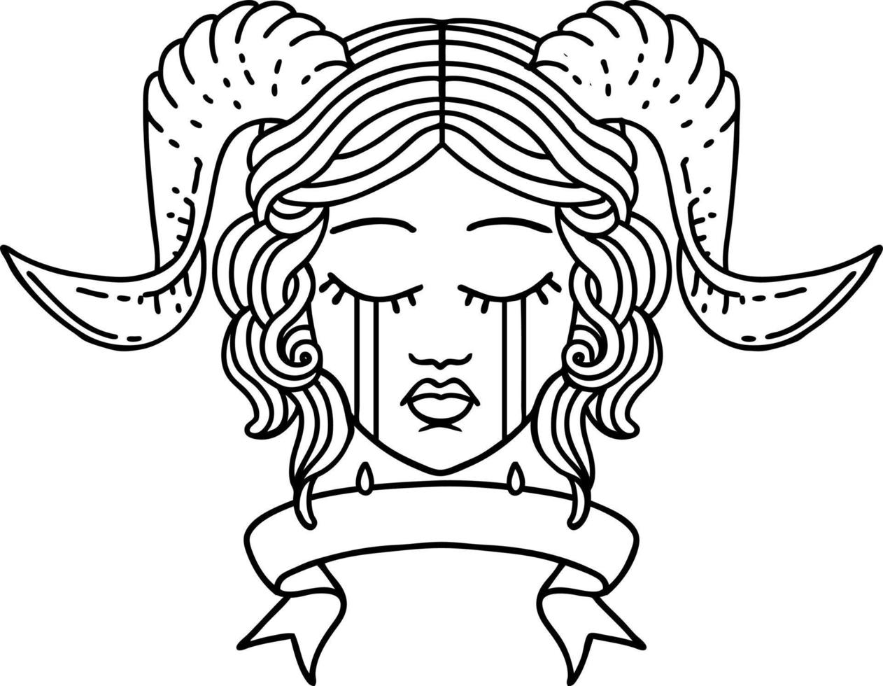 crying tiefling character face with scroll banner illustration vector