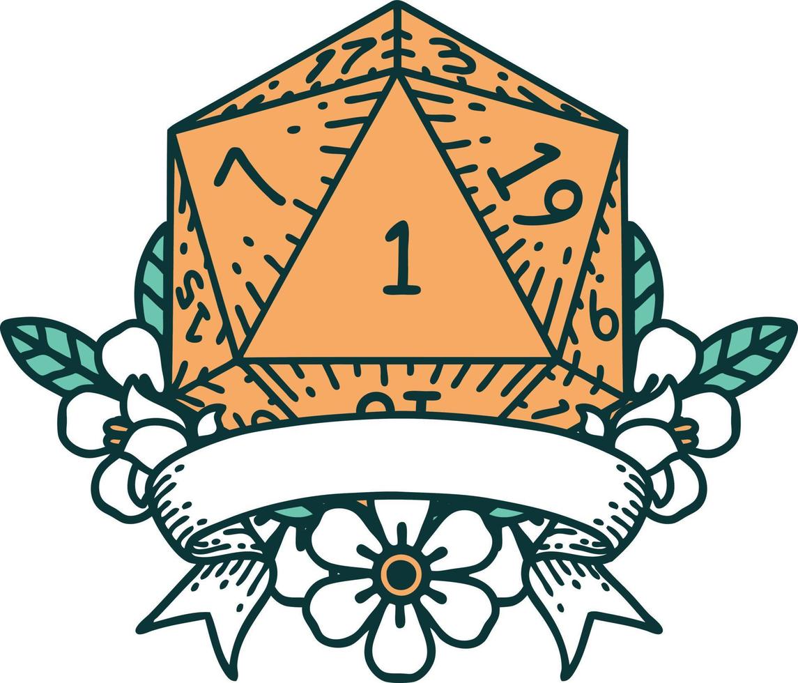 natural one d20 dice roll illustration vector