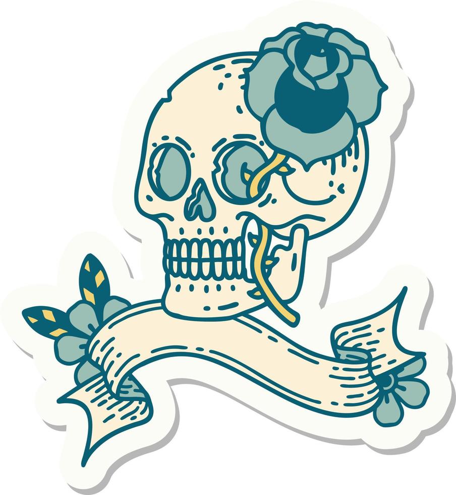 pegatina de tatuaje con pancarta de calavera y rosa vector