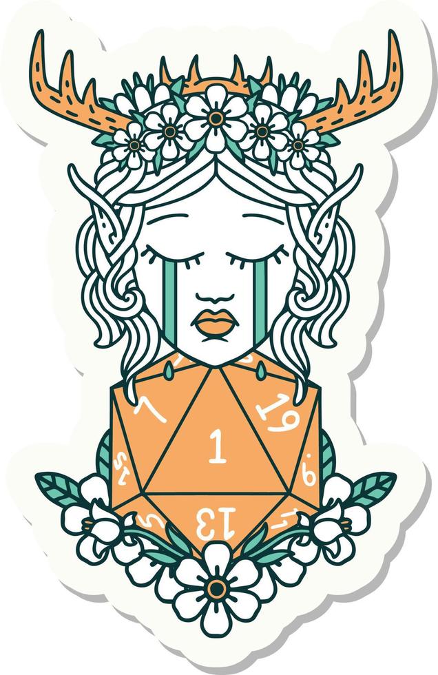 crying elf druid character face with natural one D20 roll sticker vector