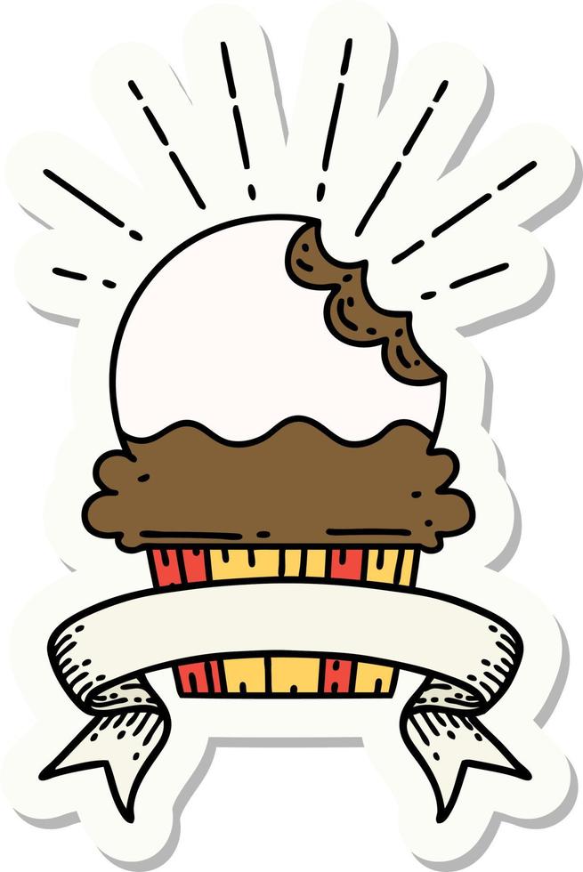 sticker of tattoo style cupcake with missing bite vector