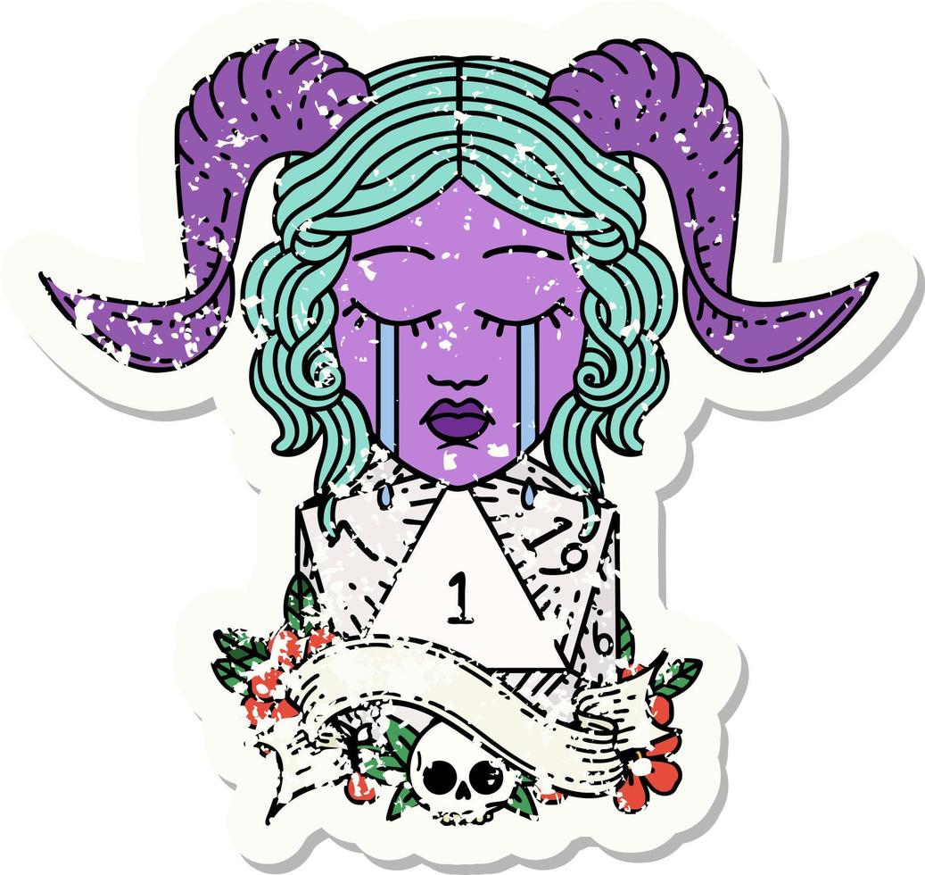 crying tiefling with natural one D20 dice roll grunge sticker vector