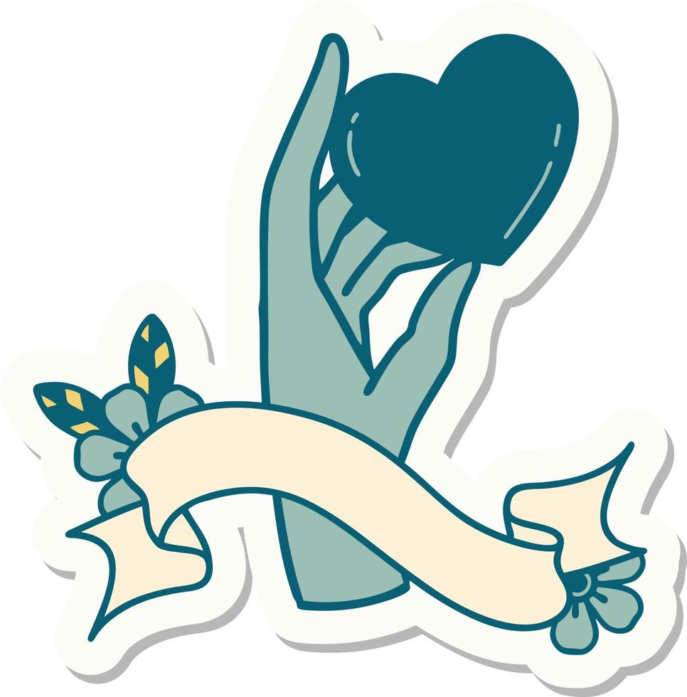 tattoo sticker with banner of a hand holding a heart vector