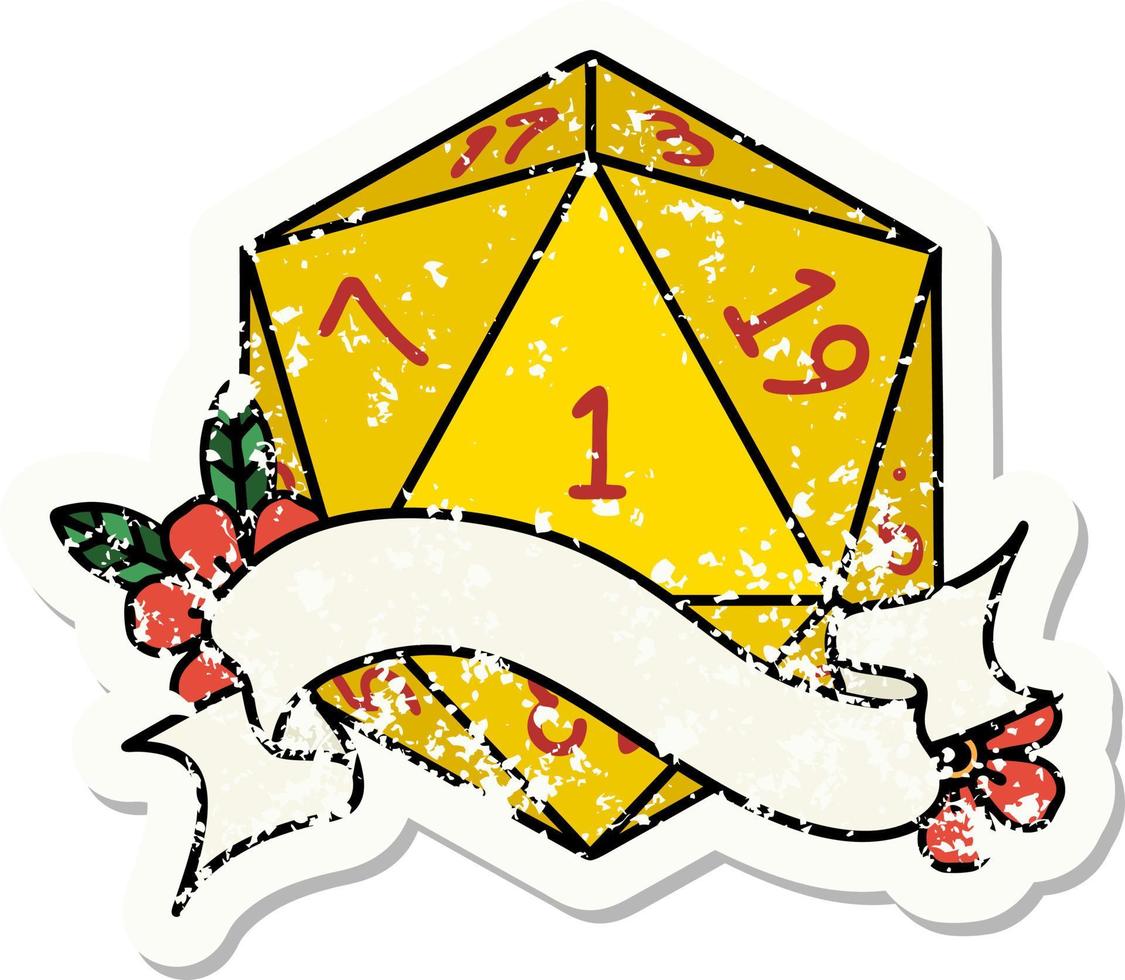 natural one d20 dice roll grunge sticker vector