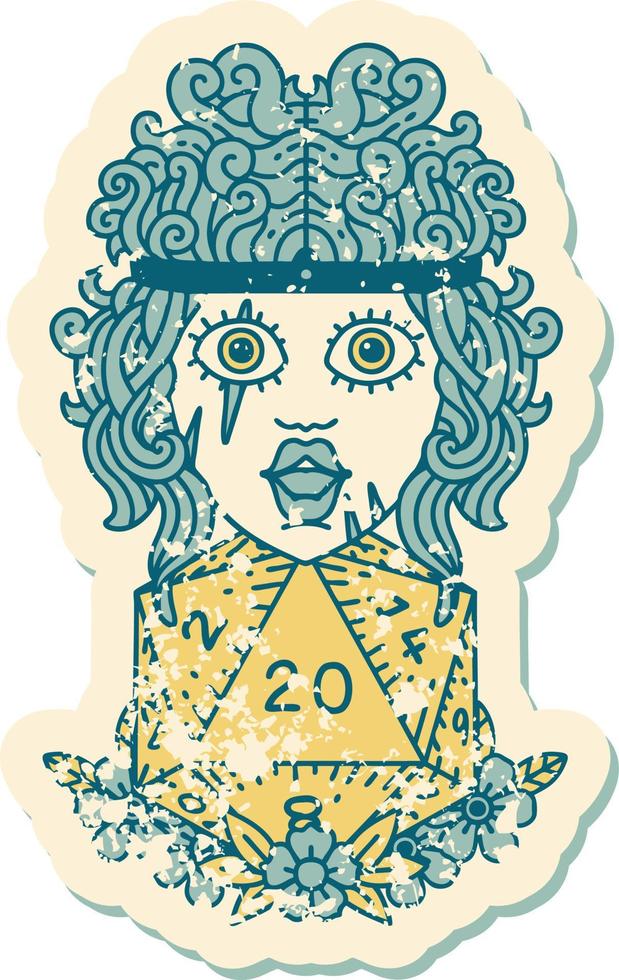 human barbarian with natural twenty dice roll grunge sticker vector
