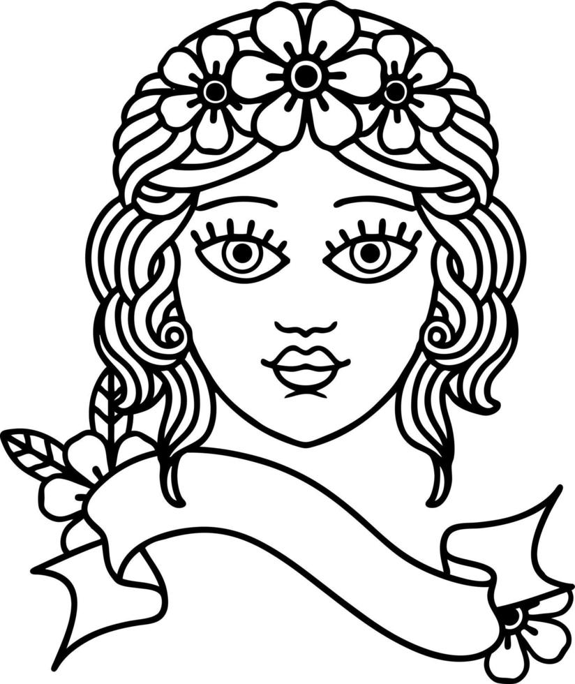 black linework tattoo with banner of female face with crown of flowers vector