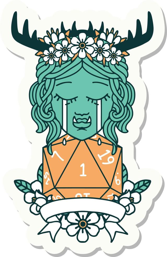 crying orc druid character with natural one roll sticker vector