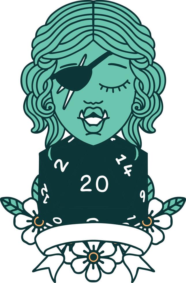 half orc rogue character with natural twenty dice roll illustration vector