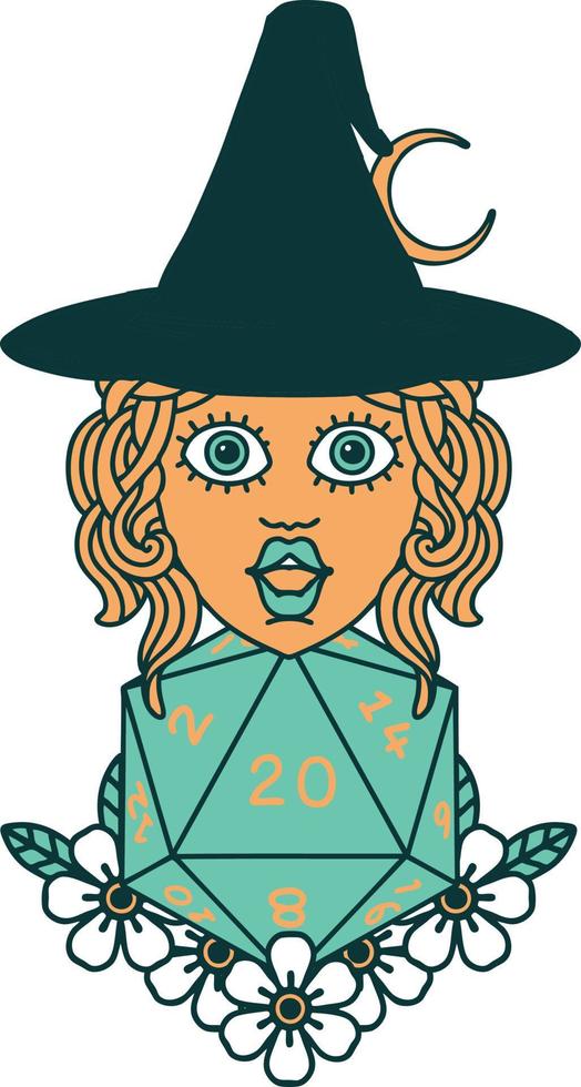 human witch with natural twenty dice roll illustration vector