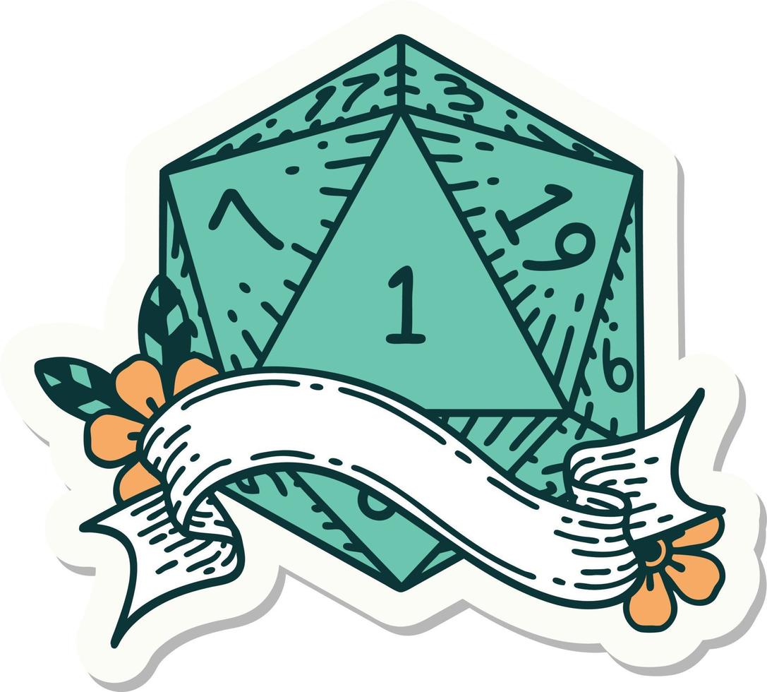 natural one d20 dice roll sticker vector