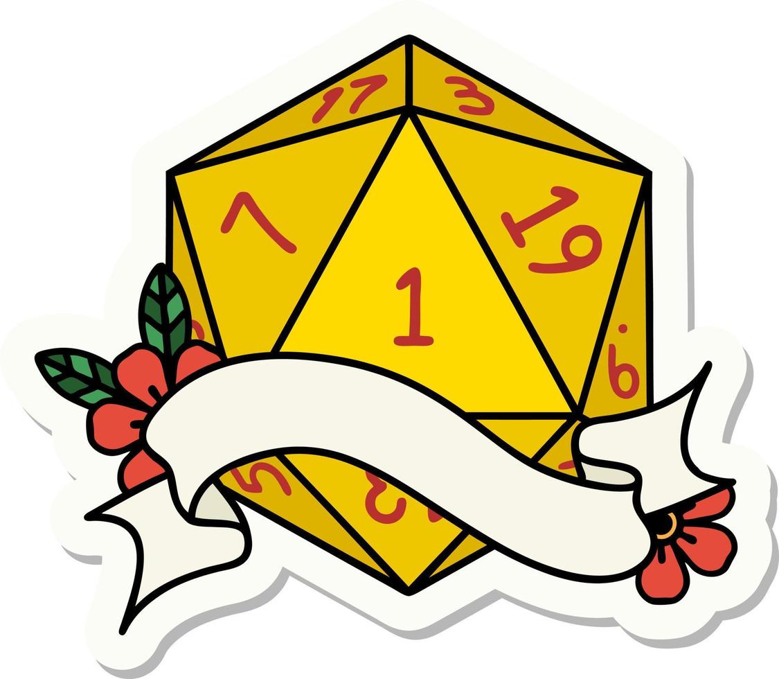 natural one d20 dice roll sticker vector