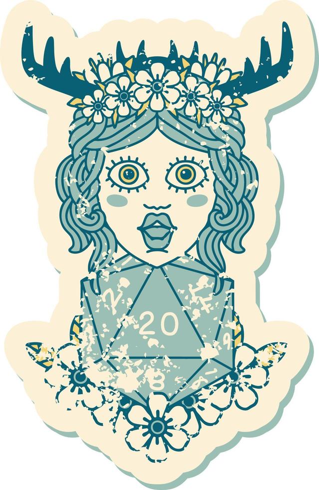 human druid with natural twenty dice roll grunge sticker vector