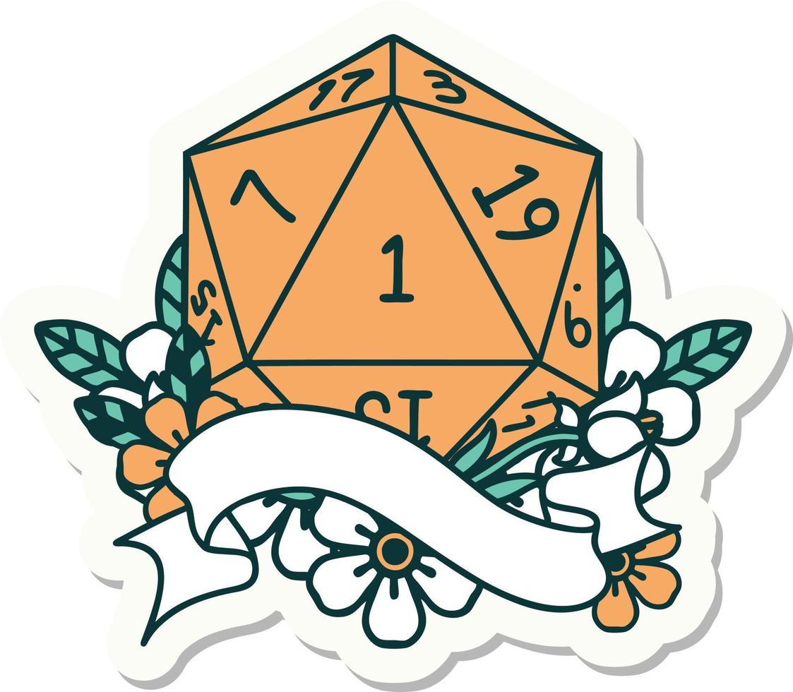 natural one d20 dice roll sticker vector