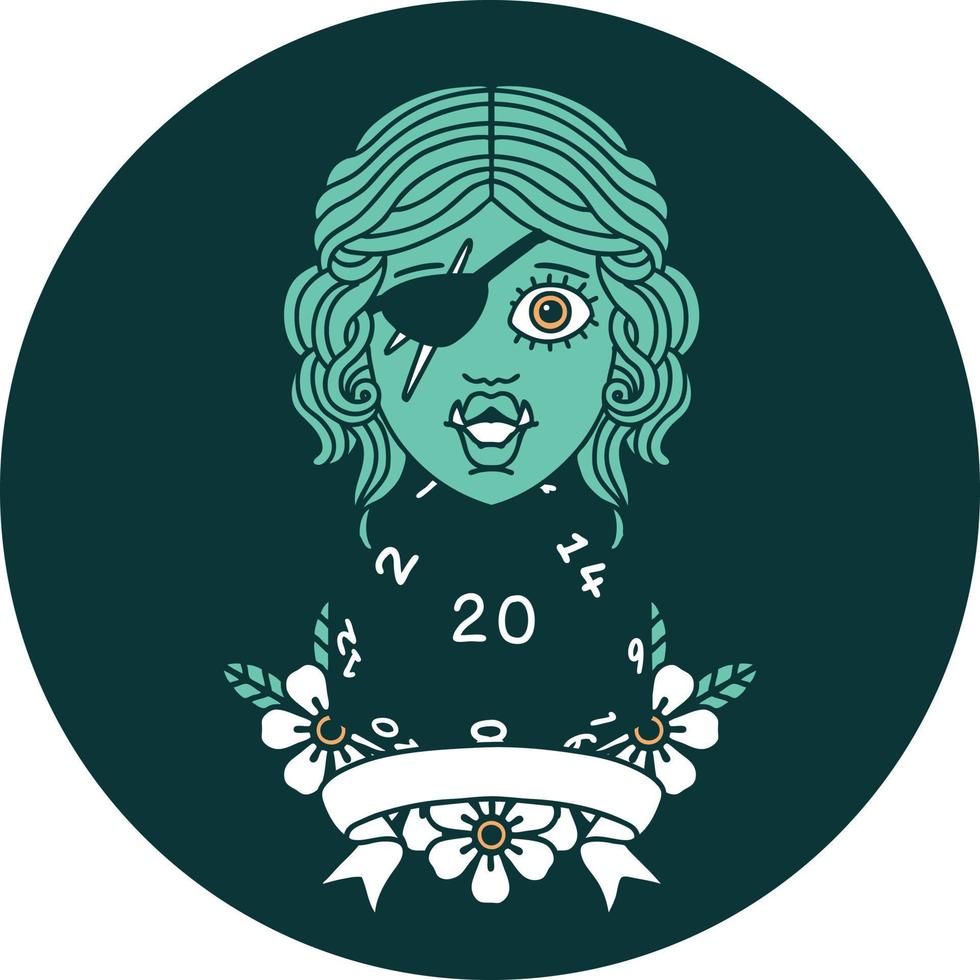 half orc rogue character with natural twenty dice roll icon vector