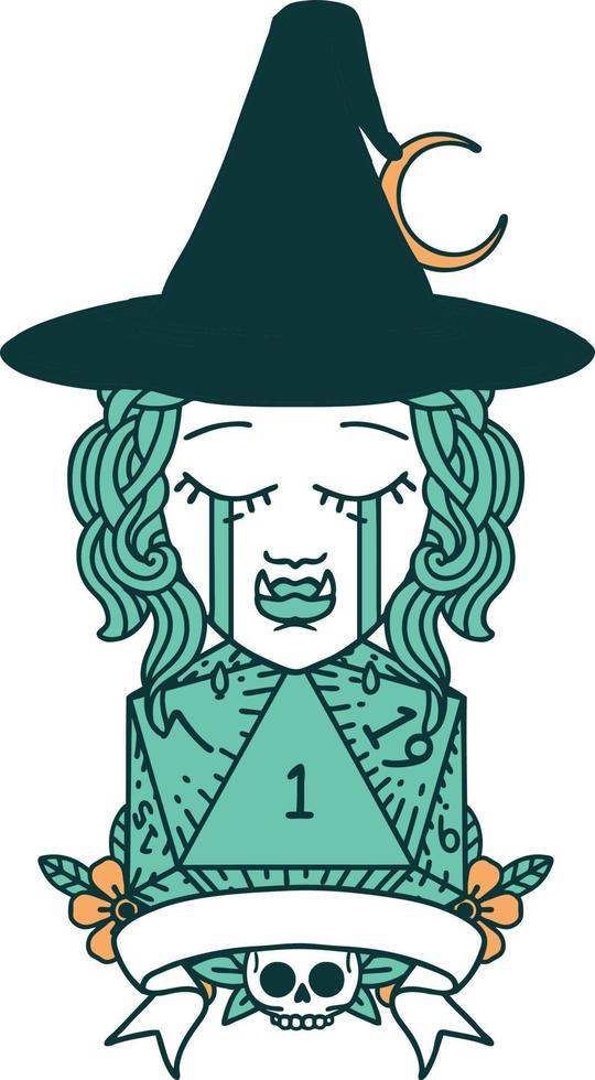 crying half orc witch character with natural one roll illustration vector