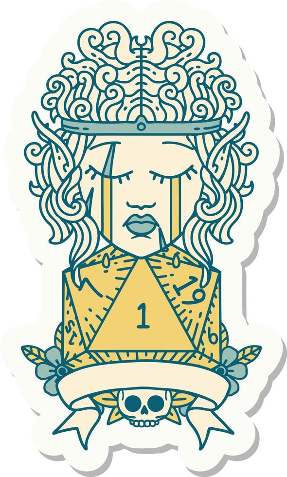 sticker of a sad elf barbarian character with natural one roll vector