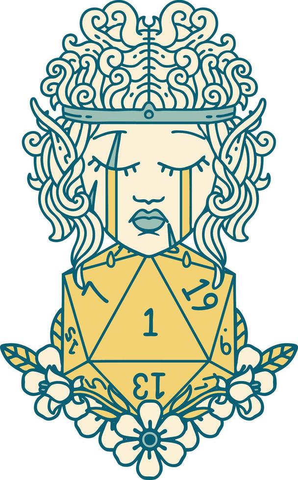 Retro Tattoo Style crying elf barbarian character with natural one D20 roll vector