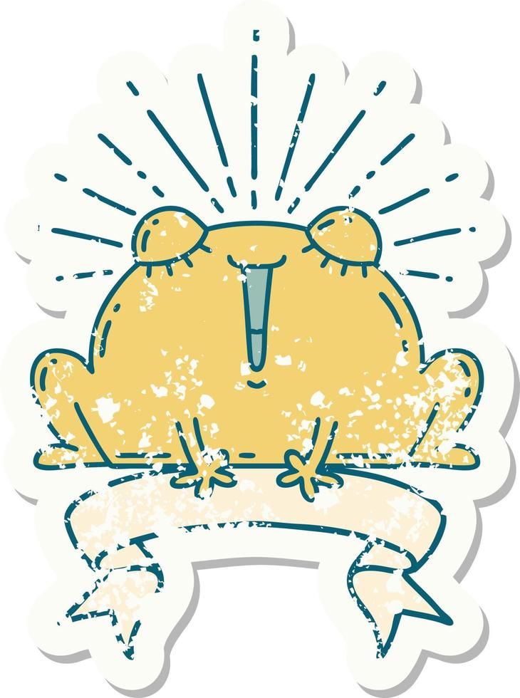worn old sticker of a tattoo style happy frog vector