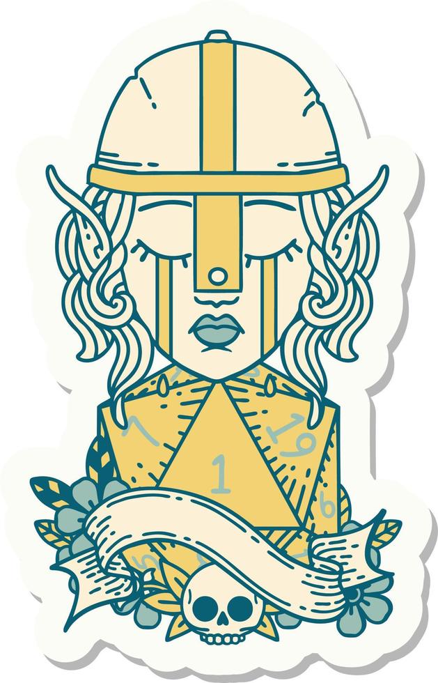 sticker of a crying elf fighter character face with natural one D20 roll vector