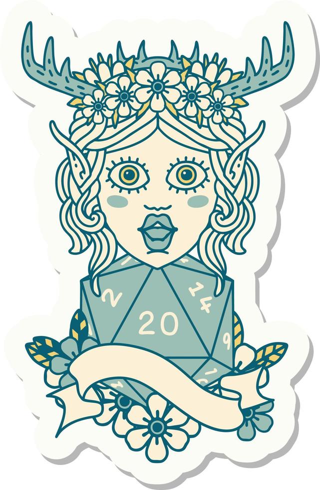 sticker of a elf druid with natural twenty dice roll vector