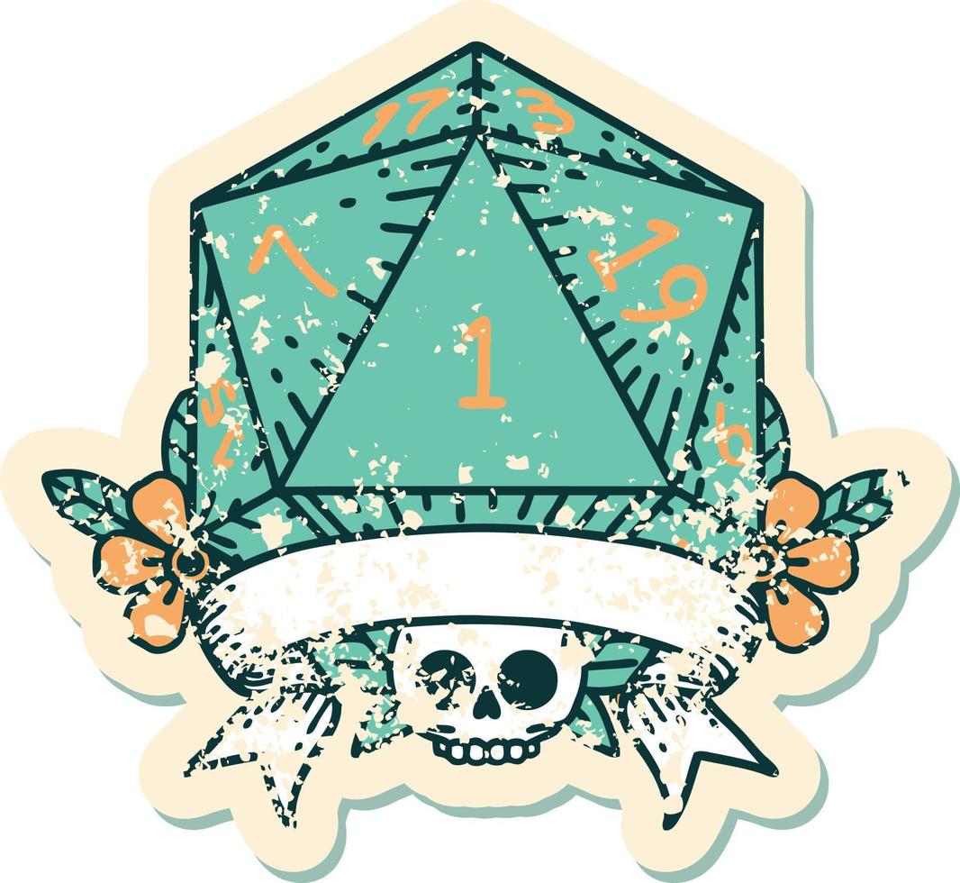 Retro Tattoo Style natural one d20 dice roll vector