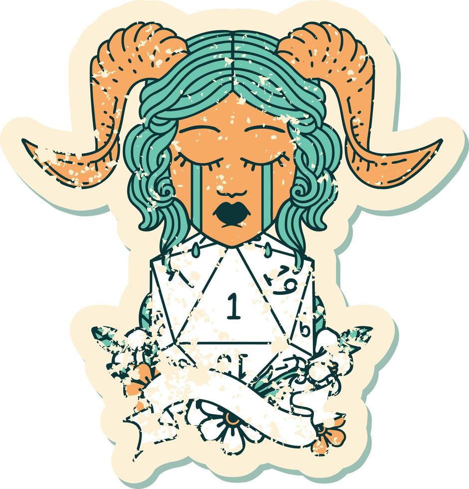 Retro Tattoo Style crying tiefling with natural one D20 roll vector