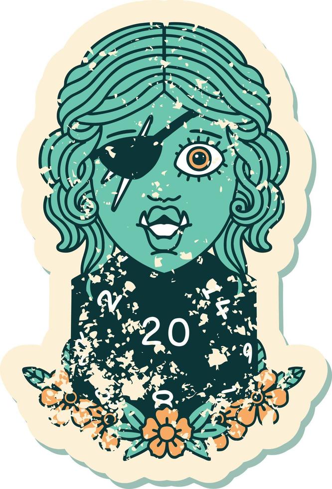 Retro Tattoo Style half orc rogue with natural 20 dice roll vector