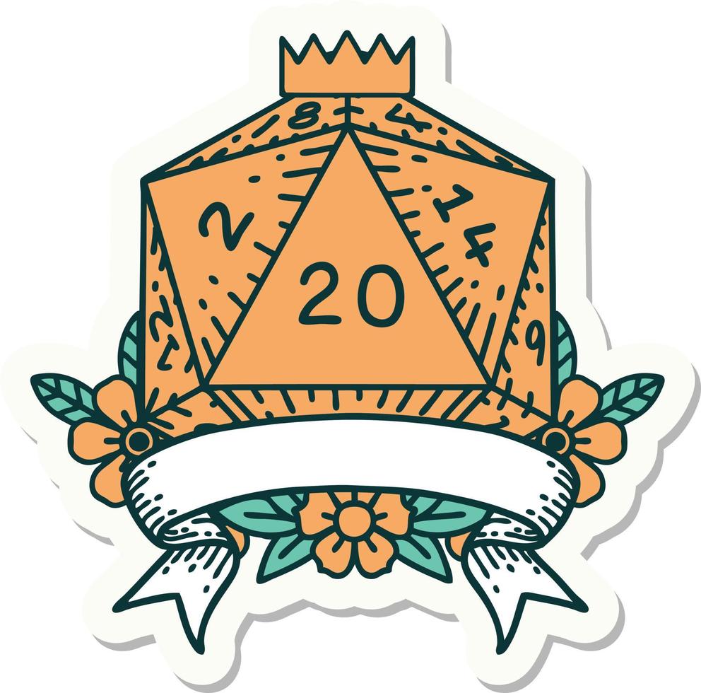 sticker of a natural 20 critical hit D20 dice roll vector