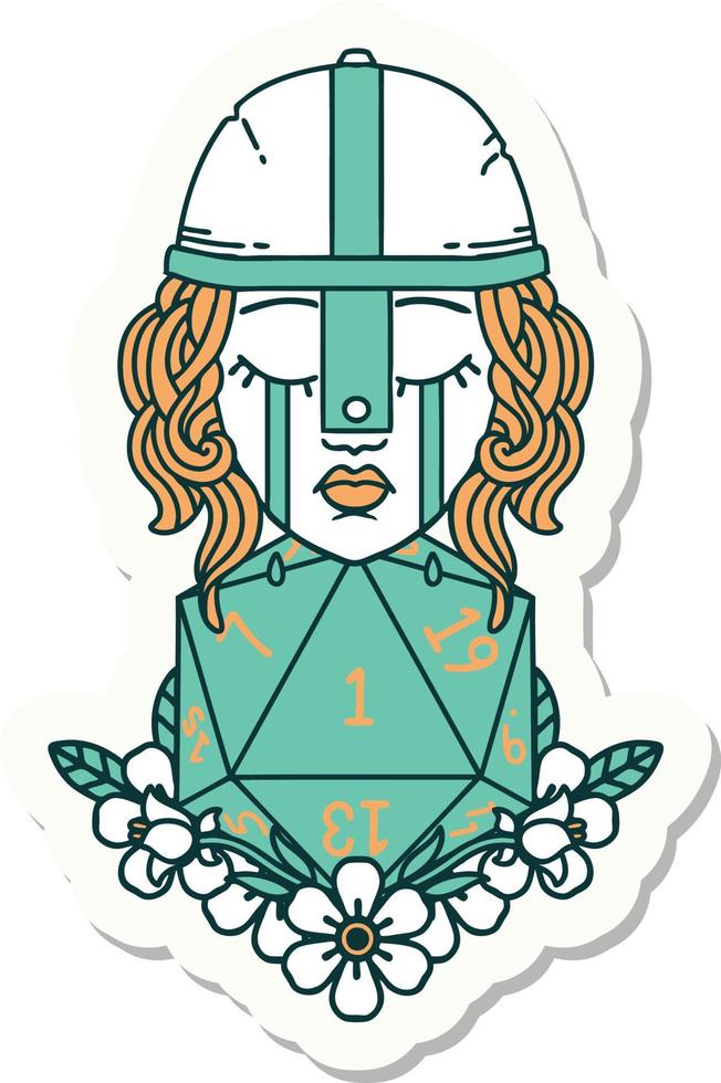 sticker of a crying human fighter with natural one D20 roll vector