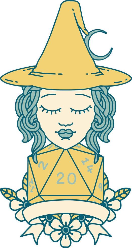 Retro Tattoo Style human witch with natural twenty dice roll vector