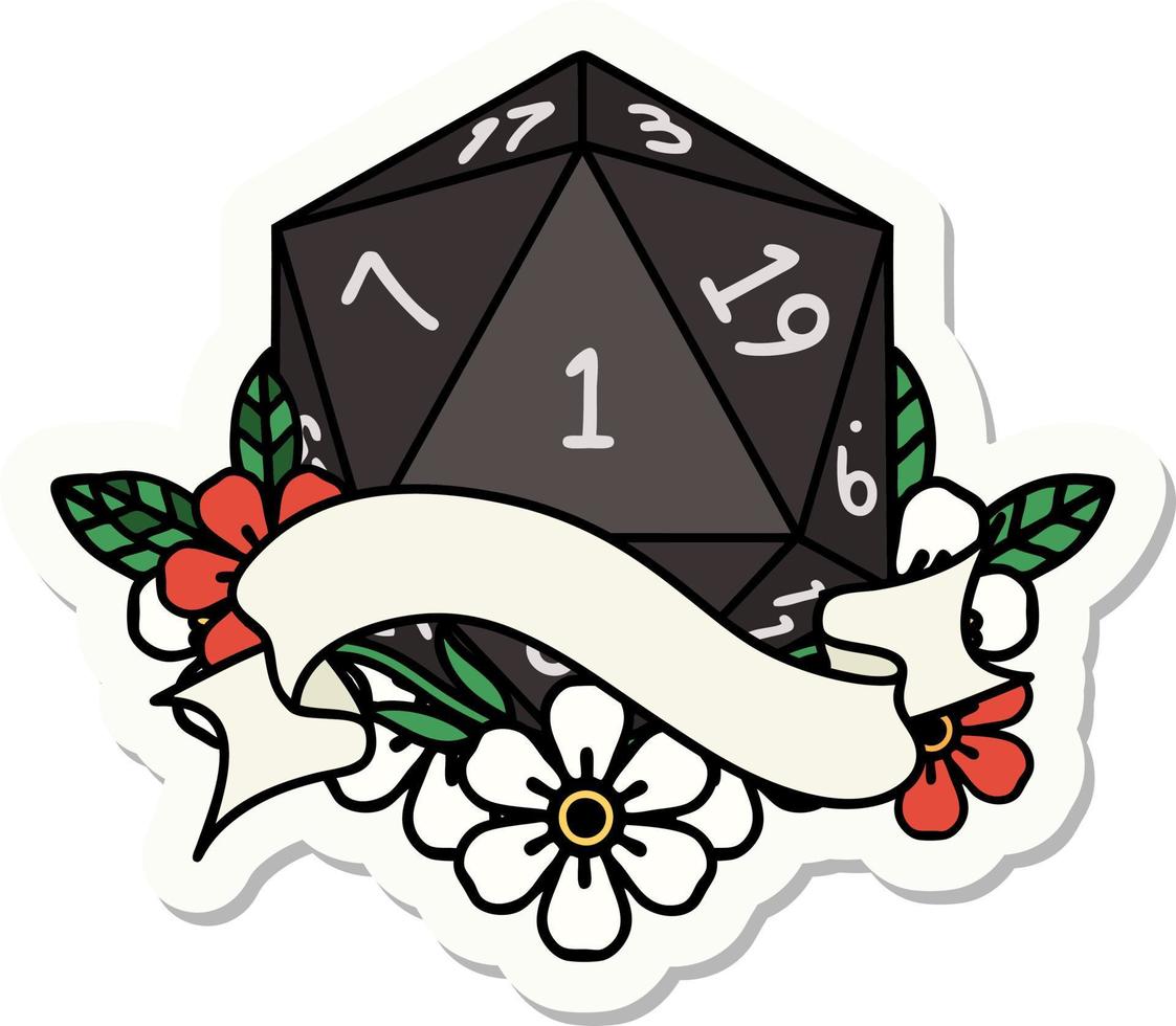 sticker of a natural one d20 dice roll vector