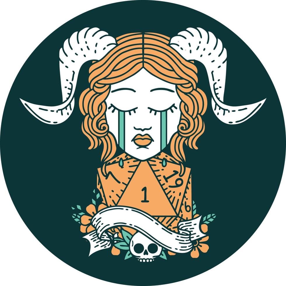 icon of crying tiefling with natural one D20 dice roll vector