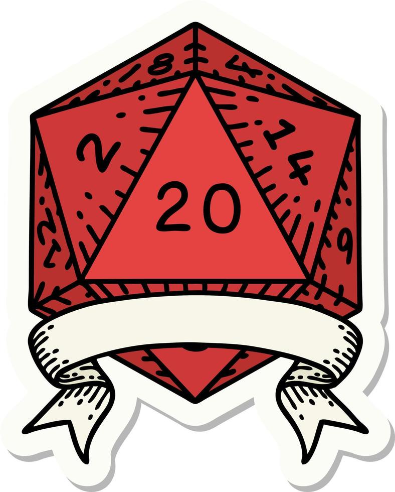 sticker of a natural 20 critical hit D20 dice roll vector