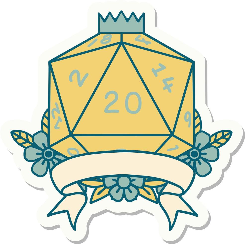 sticker of a natural 20 critical hit D20 dice roll vector