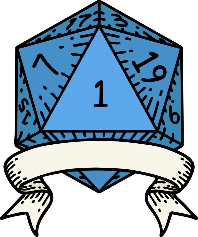 Retro Tattoo Style natural one d20 dice roll vector