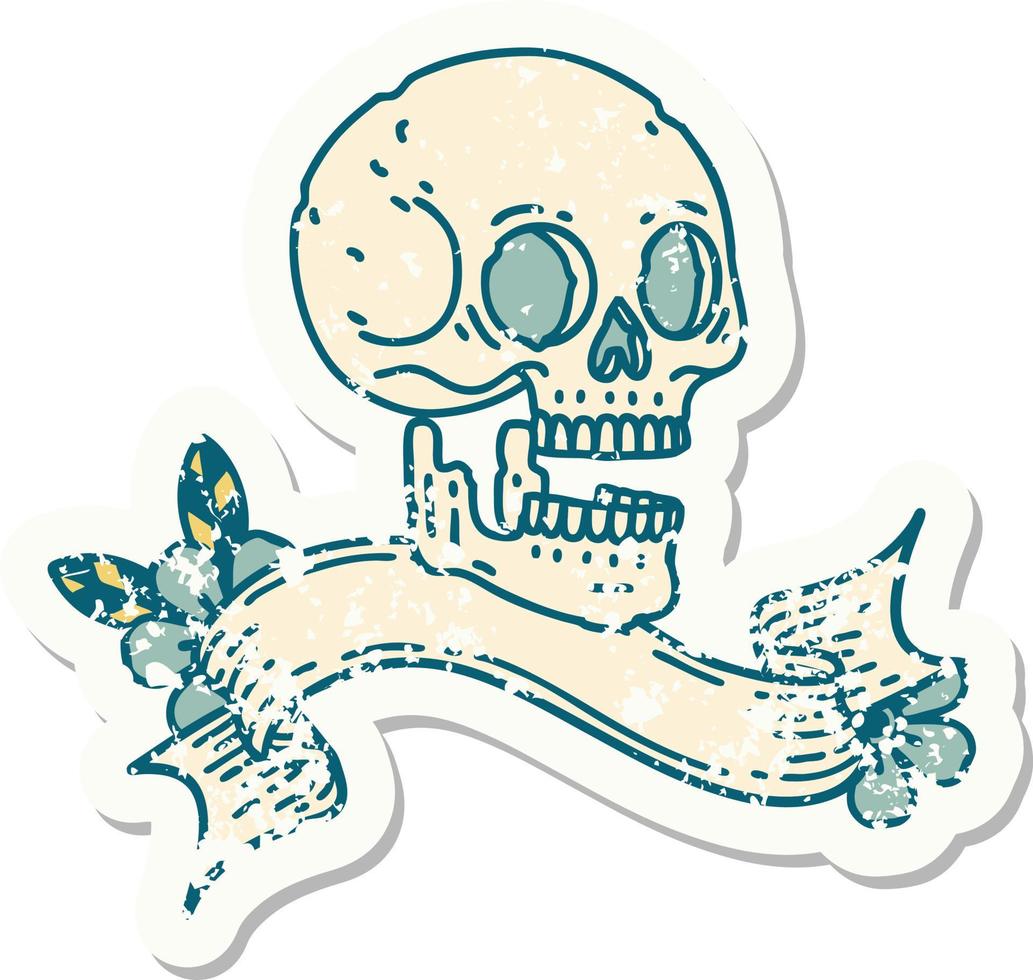 worn old sticker with banner of a skull vector