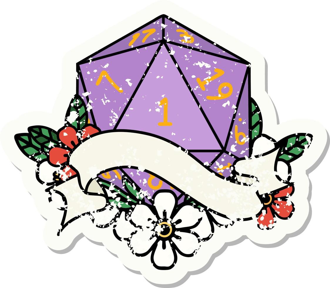 grunge sticker of a natural one d20 dice roll vector