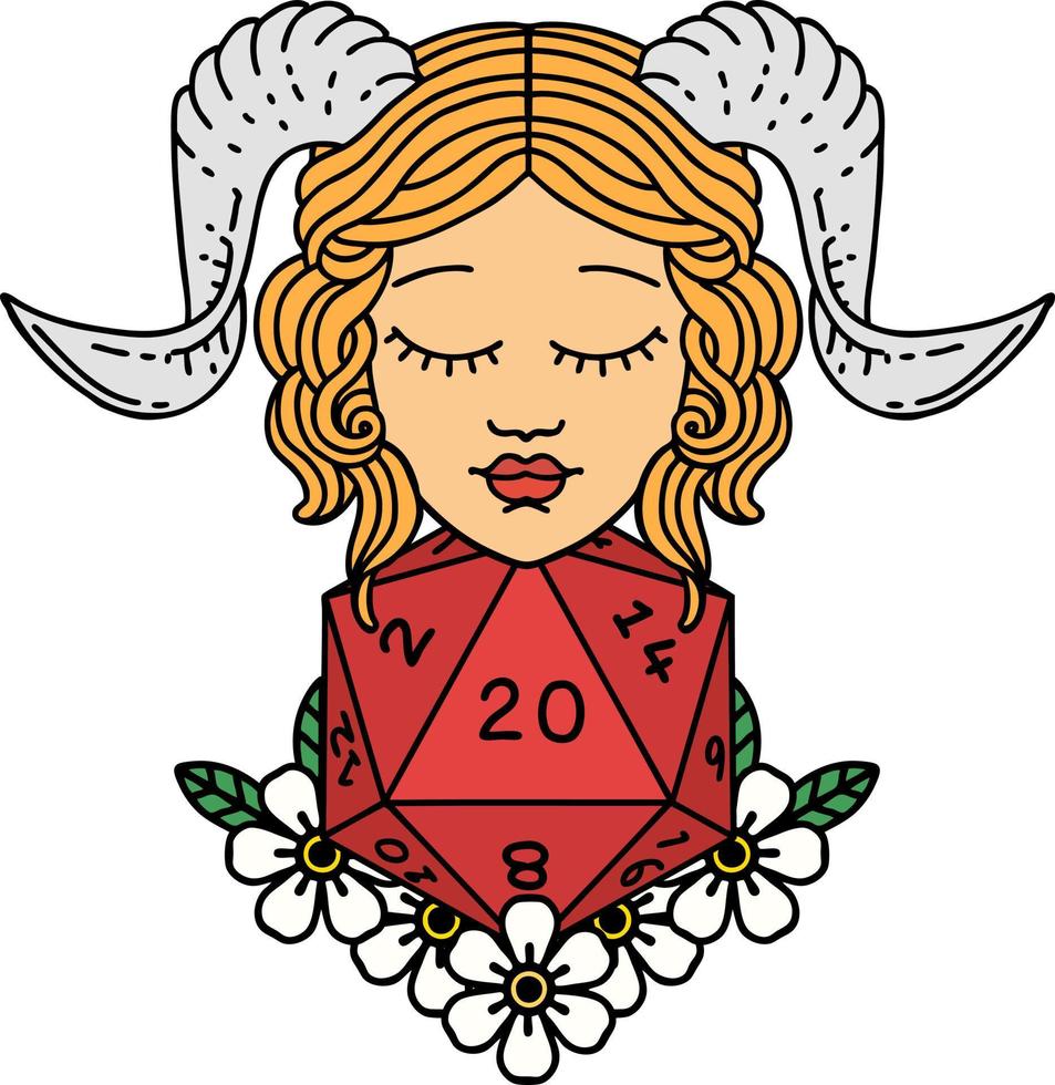 Retro Tattoo Style tiefling with natural 20 D20 dice roll vector