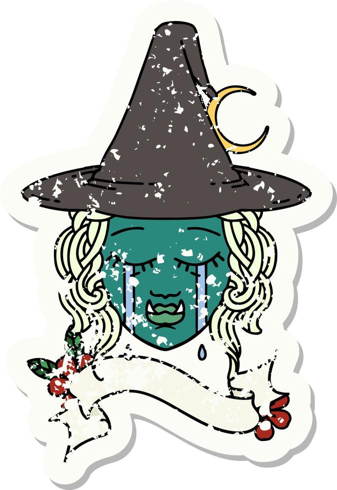 Retro Tattoo Style crying half orc witch character face vector